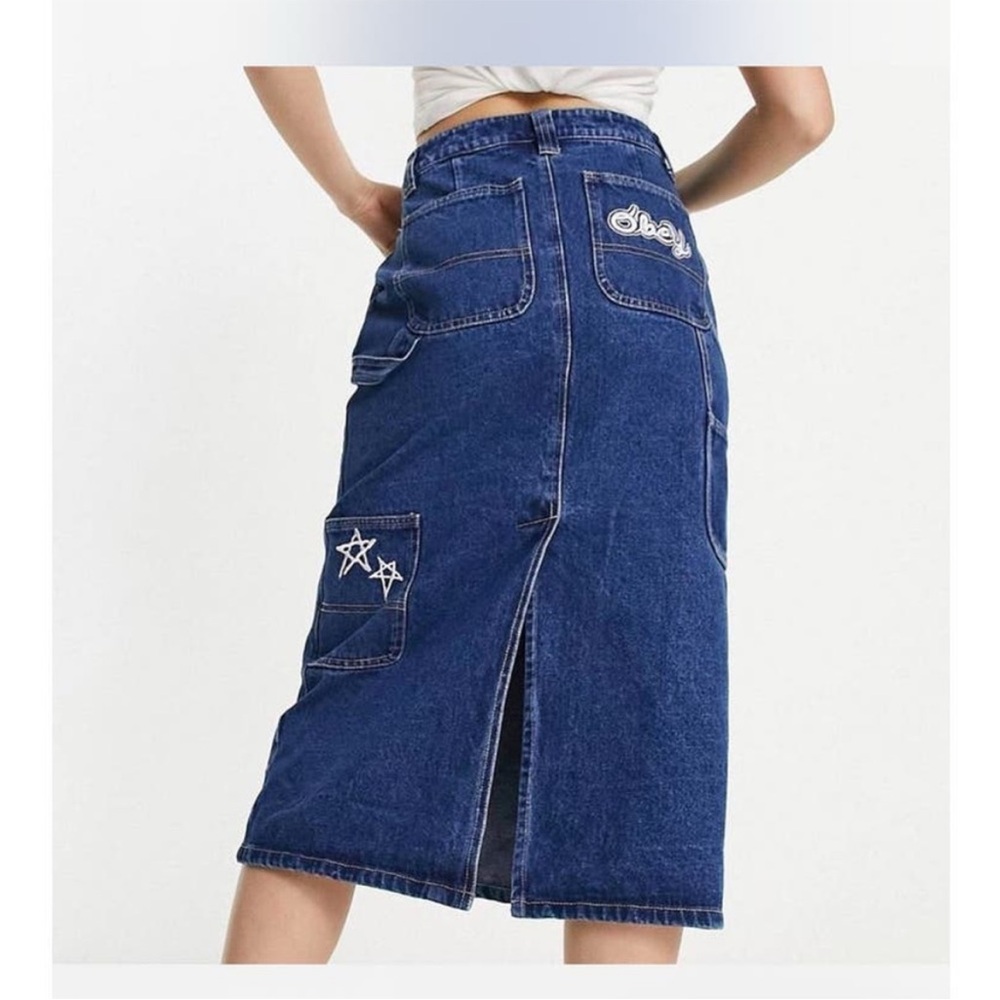 OBEY Denim Maxi Skirt 32 Blue Carpenter Embroidered Stars 90s Y2K